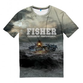 Мужская футболка 3D с принтом Профессиональный рыбак в Петрозаводске, 100% полиэфир | прямой крой, круглый вырез горловины, длина до линии бедер | fish | fisher | fisherman | fishman | анорак | костюм для рыбалки | костюм рыбака | лодка | непогода | подарок рыбаку | профессиональный рыбак | рыба | рыбаку | рыбалка | рыбацкая | шторм | шхуна