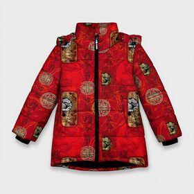 Зимняя куртка для девочек 3D с принтом Китайский орнамент в Петрозаводске, ткань верха — 100% полиэстер; подклад — 100% полиэстер, утеплитель — 100% полиэстер. | длина ниже бедра, удлиненная спинка, воротник стойка и отстегивающийся капюшон. Есть боковые карманы с листочкой на кнопках, утяжки по низу изделия и внутренний карман на молнии. 

Предусмотрены светоотражающий принт на спинке, радужный светоотражающий элемент на пуллере молнии и на резинке для утяжки. | background | bamboo | bra | dragons | drawing | fashion | gold | illustration | pattern | picture | red | style | text | бамбук | блеск | блики | ветки | графика | драконы | золото | иероглифы | иллюстрация | картинка | китайский | красный | марки | мода 