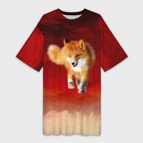 Платье-футболка 3D с принтом Огненная Лиса в Петрозаводске,  |  | fire fox | firefox | fox | fox say | ylvis   the fox | главное фыр | кицунэ | лиза | лиса | лисичка | мемасики | мемы | огонь | фыр фыр | хитрая лиса | я хочу фырфыр