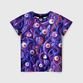 Детская футболка 3D с принтом Щупальца с глазами в Петрозаводске, 100% гипоаллергенный полиэфир | прямой крой, круглый вырез горловины, длина до линии бедер, чуть спущенное плечо, ткань немного тянется | aliens | backgro | blue | cartoons | children | eyes | fashion | funny | monsters | purple | scary | style | весёлые | глаза | графика | детский | иллюстрация | инопланетяне | картинка | красные | мода | орнамент | персонажи | пришельцы | рисунок