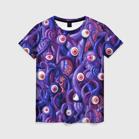 Женская футболка 3D с принтом Щупальца с глазами в Петрозаводске, 100% полиэфир ( синтетическое хлопкоподобное полотно) | прямой крой, круглый вырез горловины, длина до линии бедер | aliens | backgro | blue | cartoons | children | eyes | fashion | funny | monsters | purple | scary | style | весёлые | глаза | графика | детский | иллюстрация | инопланетяне | картинка | красные | мода | орнамент | персонажи | пришельцы | рисунок