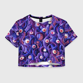 Женская футболка 3D укороченная с принтом Щупальца с глазами в Петрозаводске, 100% полиэстер | круглая горловина, длина футболки до линии талии, рукава с отворотами | aliens | backgro | blue | cartoons | children | eyes | fashion | funny | monsters | purple | scary | style | весёлые | глаза | графика | детский | иллюстрация | инопланетяне | картинка | красные | мода | орнамент | персонажи | пришельцы | рисунок
