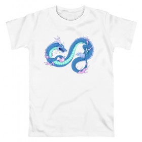 Мужская футболка хлопок с принтом Синий китайский дракон в Петрозаводске, 100% хлопок | прямой крой, круглый вырез горловины, длина до линии бедер, слегка спущенное плечо. | Тематика изображения на принте: 