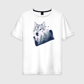 Женская футболка хлопок Oversize с принтом Волк Абстракция в Петрозаводске, 100% хлопок | свободный крой, круглый ворот, спущенный рукав, длина до линии бедер
 | abstraction | wolf | абстракция | волк | волки | лес | птицы