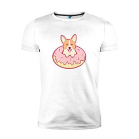 Мужская футболка премиум с принтом Корги Пончик в Петрозаводске, 92% хлопок, 8% лайкра | приталенный силуэт, круглый вырез ворота, длина до линии бедра, короткий рукав | dog | donut | kawaii | вкусняшка | выпечка | еда | лапочка | милый | мимими | пес | песик | сладкий | собака | щенок