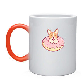 Кружка хамелеон с принтом Корги Пончик в Петрозаводске, керамика | меняет цвет при нагревании, емкость 330 мл | Тематика изображения на принте: dog | donut | kawaii | вкусняшка | выпечка | еда | лапочка | милый | мимими | пес | песик | сладкий | собака | щенок