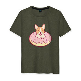 Мужская футболка хлопок с принтом Корги Пончик в Петрозаводске, 100% хлопок | прямой крой, круглый вырез горловины, длина до линии бедер, слегка спущенное плечо. | dog | donut | kawaii | вкусняшка | выпечка | еда | лапочка | милый | мимими | пес | песик | сладкий | собака | щенок