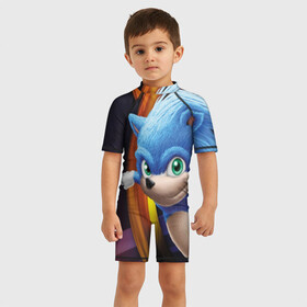 Детский купальный костюм 3D с принтом Sonic  в Петрозаводске, Полиэстер 85%, Спандекс 15% | застежка на молнии на спине | Тематика изображения на принте: blue | hedgehog | movie | sonic | ёжик | синий | соник | фильм