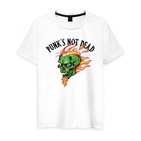 Мужская футболка хлопок с принтом Punk`s not dead в Петрозаводске, 100% хлопок | прямой крой, круглый вырез горловины, длина до линии бедер, слегка спущенное плечо. | Тематика изображения на принте: beard | cool | creative | death | design | eyes | fire | flame | green | hype | music | punk | skull | vanguard | авангард | борода | глаза | дизайн | зеленый | креатив | круто | музыка | огонь | панк | пламя | хайп | череп