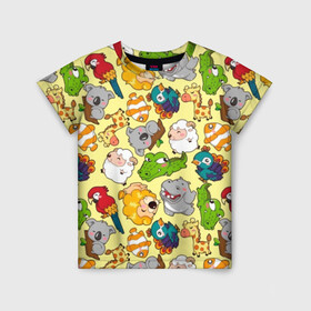 Детская футболка 3D с принтом Зоопарк в Петрозаводске, 100% гипоаллергенный полиэфир | прямой крой, круглый вырез горловины, длина до линии бедер, чуть спущенное плечо, ткань немного тянется | девочке | детская | детям | дочке | животные | жираф | зоопарк | коала | крокодил | лев | мальчику | попугай | разноцветная | ребенку | рыбка