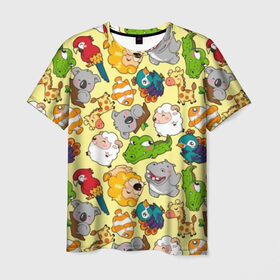 Мужская футболка 3D с принтом Зоопарк в Петрозаводске, 100% полиэфир | прямой крой, круглый вырез горловины, длина до линии бедер | девочке | детская | детям | дочке | животные | жираф | зоопарк | коала | крокодил | лев | мальчику | попугай | разноцветная | ребенку | рыбка