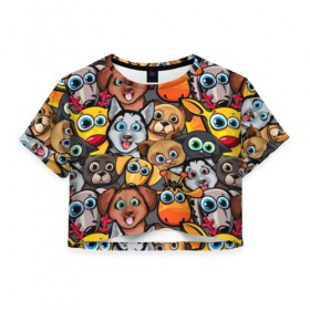 Женская футболка 3D укороченная с принтом Веселые собаки в Петрозаводске, 100% полиэстер | круглая горловина, длина футболки до линии талии, рукава с отворотами | бульдог | голубые глаза | доберман | животные | жирафы | котики | милые | олени | разноцветные | собаки | хаски | яркие
