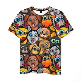 Мужская футболка 3D с принтом Веселые собаки в Петрозаводске, 100% полиэфир | прямой крой, круглый вырез горловины, длина до линии бедер | Тематика изображения на принте: бульдог | голубые глаза | доберман | животные | жирафы | котики | милые | олени | разноцветные | собаки | хаски | яркие
