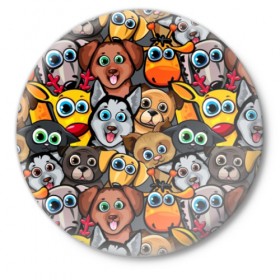 Значок с принтом Веселые собаки в Петрозаводске,  металл | круглая форма, металлическая застежка в виде булавки | бульдог | голубые глаза | доберман | животные | жирафы | котики | милые | олени | разноцветные | собаки | хаски | яркие