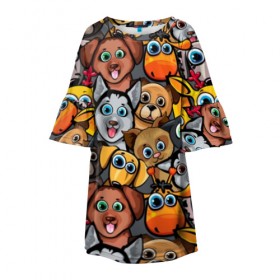 Детское платье 3D с принтом Веселые собаки в Петрозаводске, 100% полиэстер | прямой силуэт, чуть расширенный к низу. Круглая горловина, на рукавах — воланы | бульдог | голубые глаза | доберман | животные | жирафы | котики | милые | олени | разноцветные | собаки | хаски | яркие