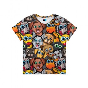Детская футболка 3D с принтом Веселые собаки в Петрозаводске, 100% гипоаллергенный полиэфир | прямой крой, круглый вырез горловины, длина до линии бедер, чуть спущенное плечо, ткань немного тянется | бульдог | голубые глаза | доберман | животные | жирафы | котики | милые | олени | разноцветные | собаки | хаски | яркие