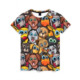 Женская футболка 3D с принтом Веселые собаки в Петрозаводске, 100% полиэфир ( синтетическое хлопкоподобное полотно) | прямой крой, круглый вырез горловины, длина до линии бедер | бульдог | голубые глаза | доберман | животные | жирафы | котики | милые | олени | разноцветные | собаки | хаски | яркие