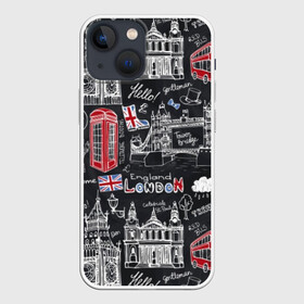 Чехол для iPhone 13 mini с принтом Лондон в Петрозаводске,  |  | Тематика изображения на принте: butterfly | car | england | fashion | london | queen | style | taxi | tree | uk | англия | бабочка | башня | великобритания | галстук | город | графика | дерево | дизайн | дождь | картинка | королева | лондон | машина | мода | надпись