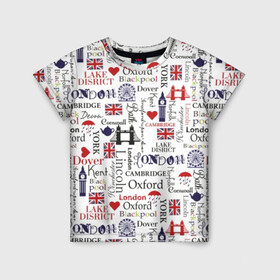 Детская футболка 3D с принтом Лондон  в Петрозаводске, 100% гипоаллергенный полиэфир | прямой крой, круглый вырез горловины, длина до линии бедер, чуть спущенное плечо, ткань немного тянется | cambridge | england | fashion | london | style | tea | uk | umbr | англия | башня | белый | великобритания | город | графика | дизайн | дождь | зонт | картинка | кембридж | колесо | красный | лондон | мода | мост | надпись
