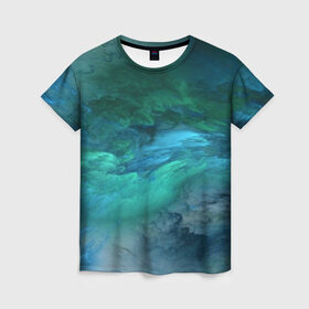 Женская футболка 3D с принтом Изумрудные Облака в Петрозаводске, 100% полиэфир ( синтетическое хлопкоподобное полотно) | прямой крой, круглый вырез горловины, длина до линии бедер | abstraction | абстракция | голубые | живопись | искусство | космос | краска | краски | облако | пар | природа | смешение красок | созвездие | стихия | туман | туманность