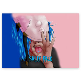Поздравительная открытка с принтом Sally Face в Петрозаводске, 100% бумага | плотность бумаги 280 г/м2, матовая, на обратной стороне линовка и место для марки
 | sally face | игра | компьютерная игра | лицо | маска | протез | салли фейс | школа | шрамы