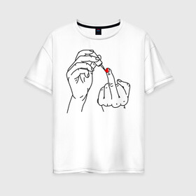 Женская футболка хлопок Oversize с принтом Девушка красит ногти в Петрозаводске, 100% хлопок | свободный крой, круглый ворот, спущенный рукав, длина до линии бедер
 | жест | контур | лак | линии | маникюр | ноготь | отвали | палец | рука