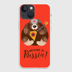Чехол для iPhone 13 mini с принтом Welcome to Russia в Петрозаводске,  |  | animal | balalaika | bear | great | hat | musical | play | power | predator | russia | russian | star | welcome | wild | балалайка | валенки | великая | д | дикий | добро | животное | звезда | играет | инструмент | медведь | музыкальный | надпись | пожало