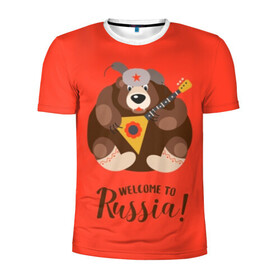 Мужская футболка 3D спортивная с принтом Welcome to Russia  в Петрозаводске, 100% полиэстер с улучшенными характеристиками | приталенный силуэт, круглая горловина, широкие плечи, сужается к линии бедра | Тематика изображения на принте: animal | balalaika | bear | great | hat | musical | play | power | predator | russia | russian | star | welcome | wild | балалайка | валенки | великая | д | дикий | добро | животное | звезда | играет | инструмент | медведь | музыкальный | надпись | пожало