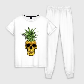 Женская пижама хлопок с принтом Ананас в Петрозаводске, 100% хлопок | брюки и футболка прямого кроя, без карманов, на брюках мягкая резинка на поясе и по низу штанин | cool | creative | design | fruit | green | hype | new york | pineapple | skull | summer | supreme | vanguard | vegan | авангард | ананас | дизайн | зеленый | креатив | круто | лето | фрукт | хайп | череп