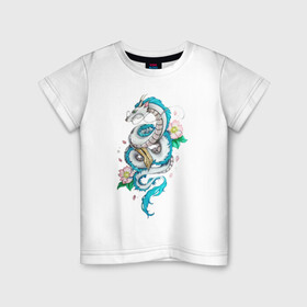 Детская футболка хлопок с принтом Дракон Хаку в цветах в Петрозаводске, 100% хлопок | круглый вырез горловины, полуприлегающий силуэт, длина до линии бедер | аниме | безликий | сэн и таинственное исчезновение тихиро | унесённые призраками | хаку | хаяо миядзаки