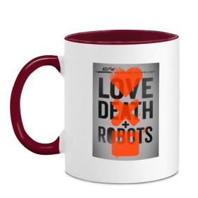 Кружка двухцветная с принтом LOVE DEATH + ROBOTS в Петрозаводске, керамика | объем — 330 мл, диаметр — 80 мм. Цветная ручка и кайма сверху, в некоторых цветах — вся внутренняя часть | death | love death + robots | netflix | robots | любовь | нетфликс | роботы | сериал