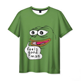Мужская футболка 3D с принтом Feels Good Man в Петрозаводске, 100% полиэфир | прямой крой, круглый вырез горловины, длина до линии бедер | Тематика изображения на принте: pepe | pepe frog | зеленая лягушка | лягушка | пепе