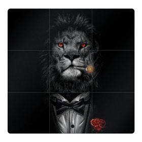 Магнитный плакат 3Х3 с принтом Лев в смокинге в Петрозаводске, Полимерный материал с магнитным слоем | 9 деталей размером 9*9 см | бабочка | грива | грозный | лев | роза | серьезный | хищник | царь | церь зверей