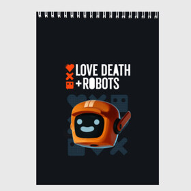 Скетчбук с принтом Love Death & Robots в Петрозаводске, 100% бумага
 | 48 листов, плотность листов — 100 г/м2, плотность картонной обложки — 250 г/м2. Листы скреплены сверху удобной пружинной спиралью | cartoon | death | fantasy | heavy | horror | metal | miller | netflix | robots | tim | witness | любовь | миллер | мультфильм | робот | роботы | тим | ужасы | фэнтези