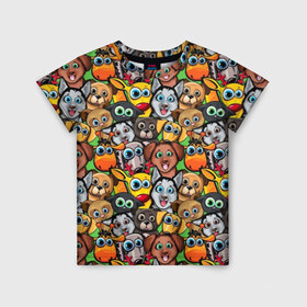 Детская футболка 3D с принтом Веселые собачки в Петрозаводске, 100% гипоаллергенный полиэфир | прямой крой, круглый вырез горловины, длина до линии бедер, чуть спущенное плечо, ткань немного тянется | бульдог | голубые глаза | доберман | животные | жирафы | котики | милые | олени | разноцветные | собаки | хаски | яркие
