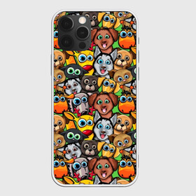 Чехол для iPhone 12 Pro с принтом Веселые собачки в Петрозаводске, силикон | область печати: задняя сторона чехла, без боковых панелей | бульдог | голубые глаза | доберман | животные | жирафы | котики | милые | олени | разноцветные | собаки | хаски | яркие