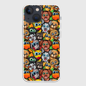 Чехол для iPhone 13 mini с принтом Веселые собачки в Петрозаводске,  |  | бульдог | голубые глаза | доберман | животные | жирафы | котики | милые | олени | разноцветные | собаки | хаски | яркие