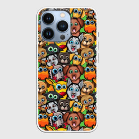 Чехол для iPhone 13 Pro с принтом Веселые собачки в Петрозаводске,  |  | Тематика изображения на принте: бульдог | голубые глаза | доберман | животные | жирафы | котики | милые | олени | разноцветные | собаки | хаски | яркие