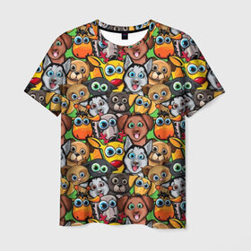 Мужская футболка 3D с принтом Веселые собачки в Петрозаводске, 100% полиэфир | прямой крой, круглый вырез горловины, длина до линии бедер | бульдог | голубые глаза | доберман | животные | жирафы | котики | милые | олени | разноцветные | собаки | хаски | яркие