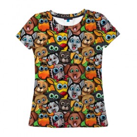 Женская футболка 3D с принтом Веселые собачки в Петрозаводске, 100% полиэфир ( синтетическое хлопкоподобное полотно) | прямой крой, круглый вырез горловины, длина до линии бедер | бульдог | голубые глаза | доберман | животные | жирафы | котики | милые | олени | разноцветные | собаки | хаски | яркие
