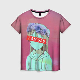 Женская футболка 3D с принтом Sadness в Петрозаводске, 100% полиэфир ( синтетическое хлопкоподобное полотно) | прямой крой, круглый вырез горловины, длина до линии бедер | anime | cartoon | girl | girls | sad | sadness | trend | vaporwave | аниме | грусть | девушки | мультики | мультфильмы | тренды