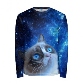 Мужской лонгслив 3D с принтом Сердитый кот в космосе в Петрозаводске, 100% полиэстер | длинные рукава, круглый вырез горловины, полуприлегающий силуэт | grumpy cat | космос | кот | кот в космосе | кот мем | кошка | кошка мем | мем кот | сердитый кот | синий кот