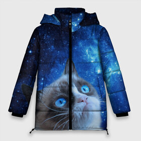 Женская зимняя куртка 3D с принтом Сердитый кот в космосе в Петрозаводске, верх — 100% полиэстер; подкладка — 100% полиэстер; утеплитель — 100% полиэстер | длина ниже бедра, силуэт Оверсайз. Есть воротник-стойка, отстегивающийся капюшон и ветрозащитная планка. 

Боковые карманы с листочкой на кнопках и внутренний карман на молнии | grumpy cat | космос | кот | кот в космосе | кот мем | кошка | кошка мем | мем кот | сердитый кот | синий кот