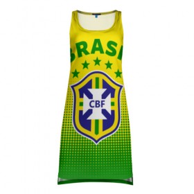 Платье-майка 3D с принтом Бразилия в Петрозаводске, 100% полиэстер | полуприлегающий силуэт, широкие бретели, круглый вырез горловины, удлиненный подол сзади. | brasil | brazil | бразилия | бразильская сборная | сборная бразилии | сборная бразилии по футболу | сборные | форма | футбол | футбольные сборные | чемпиона | чемпионат мира
