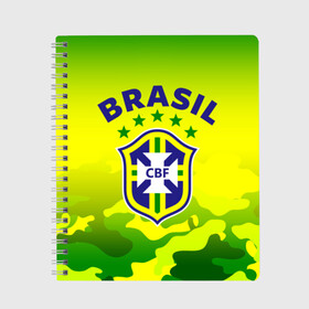 Тетрадь с принтом Бразилия в Петрозаводске, 100% бумага | 48 листов, плотность листов — 60 г/м2, плотность картонной обложки — 250 г/м2. Листы скреплены сбоку удобной пружинной спиралью. Уголки страниц и обложки скругленные. Цвет линий — светло-серый
 | brasil | brazil | бразилия | бразильская сборная | сборная бразилии | сборная бразилии по футболу | сборные | форма | футбол | футбольные сборные | чемпиона | чемпионат мира
