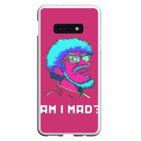 Чехол для Samsung S10E с принтом Am I MAD? в Петрозаводске, Силикон | Область печати: задняя сторона чехла, без боковых панелей | game | games | hotline miami | mad | neon | rerto | retrowave | vhs | америка | безумие | игра | игры | неон | ретро | ретровейв | старое | хотлайн майами