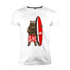 Мужская футболка премиум с принтом Медведь Серфер в Петрозаводске, 92% хлопок, 8% лайкра | приталенный силуэт, круглый вырез ворота, длина до линии бедра, короткий рукав | bear | surf | surfing | летние | лето | медведи | медведь | серфер | серфинг