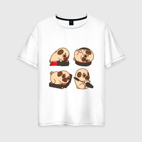 Женская футболка хлопок Oversize с принтом Мопс Красавчик в Петрозаводске, 100% хлопок | свободный крой, круглый ворот, спущенный рукав, длина до линии бедер
 | pug | косметика | модник | модница | помада | собака