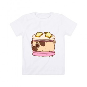 Детская футболка хлопок с принтом Мопс Пироженко в Петрозаводске, 100% хлопок | круглый вырез горловины, полуприлегающий силуэт, длина до линии бедер | fastfood | junkfood | pug | еда | макарун | мопс | пирожное | пончик | сладость | собака | фастфуд