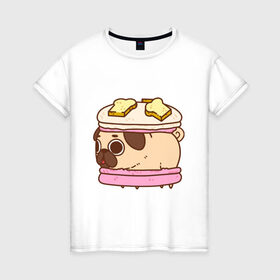 Женская футболка хлопок с принтом Мопс Пироженко в Петрозаводске, 100% хлопок | прямой крой, круглый вырез горловины, длина до линии бедер, слегка спущенное плечо | fastfood | junkfood | pug | еда | макарун | мопс | пирожное | пончик | сладость | собака | фастфуд